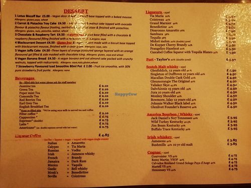 Drinks and desserts menu at The Orchid Vegan Restaurant in York