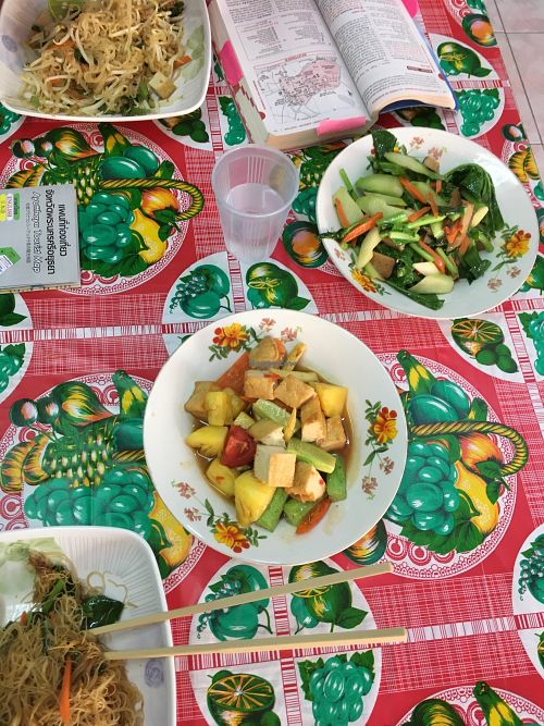 Stir fried vegetables and sweet/sour tofu with vegetables and pineapple  at Samrup Jay in Ayutthaya