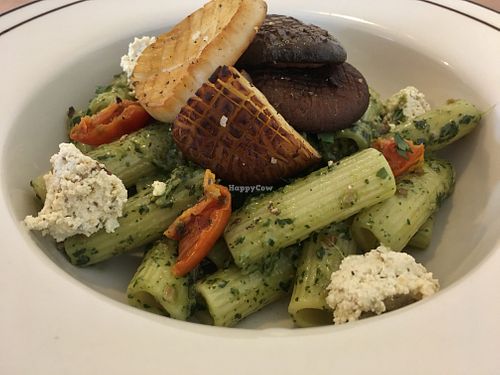 Chamnamul pesto pasta with tofu ricotta and perfectly seared king oyster mushroom  at LoveUrth 러브얼스 in Busan