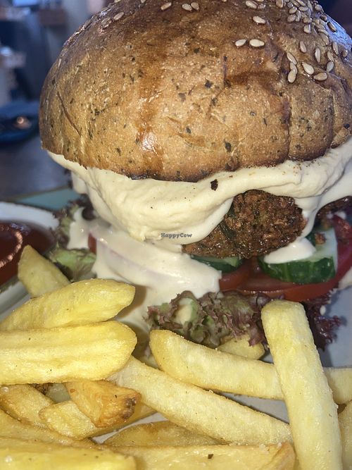 Vegan falafel burger with GF spinach bun  at Harissa in Almaty