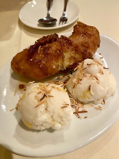 Fried Banana Flambe with coconut ice creamm  at Zabb Thai Cuisine Newport Beach in Newport Beach