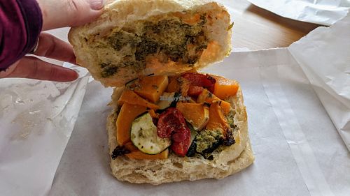 Roast vegetable  pesto on ciabatta at Banilla Bakery at Podda and Wren in Kendal