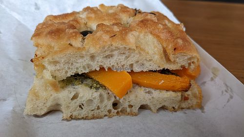 Home-made focaccia vegetable pesto & cheese sandwich at Banilla Bakery at Podda and Wren in Kendal