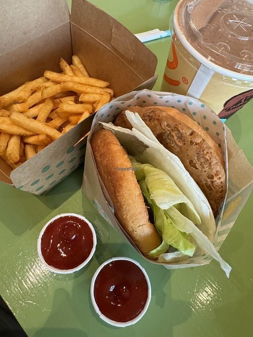 New crispy chicken sando, fries and shake.   at Amy's Drive Thru  in Corte Madera