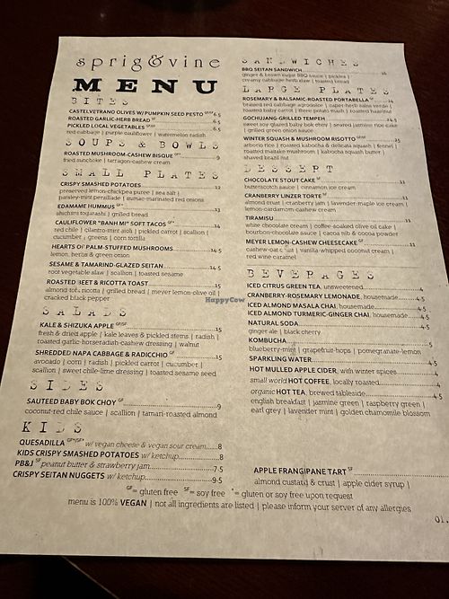 Menu  at Sprig and Vine in New Hope
