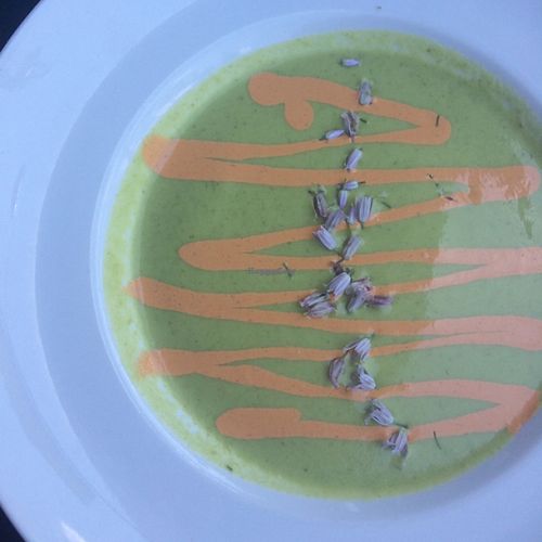 amazing soup with eatable flowers! at Sprig and Vine in New Hope