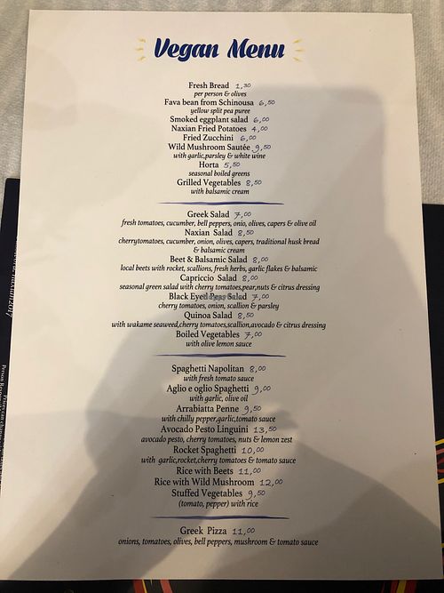 Menu at Naxian Capriccio in Naxos