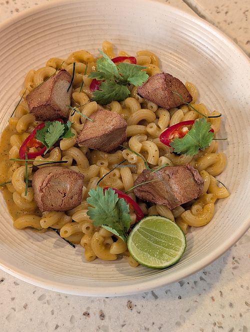 Tom yum mac and cheese at Nature's Charm in Bangkok