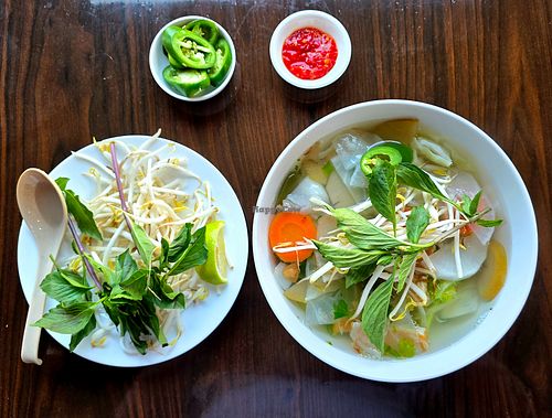 Vegan Pho (tofu) with extra homemade chili sauce. Vegan Broth. at Nguyen Pho & Grill in Kansas City
