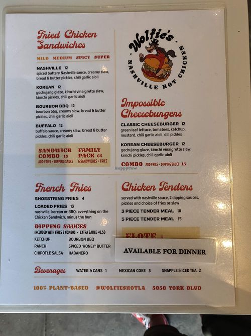 Menu at Wolfie's Nashville Hot Chicken in Los Angeles