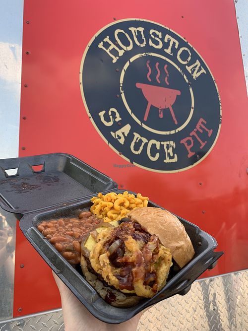 BBQ burger with mac & cheese and baked beans  at Houston Sauce Pit in Houston