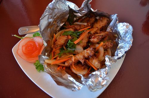 Basil tempura - can be made mild (tempura style soy meat, red bell peppers, chili peppers, basil, chef's special sauce) at Garden Fresh in Palo Alto