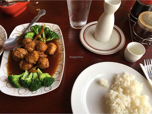 Veggie orange chicken with a side of rice and hot sake. Delish! at Garden Fresh in Palo Alto