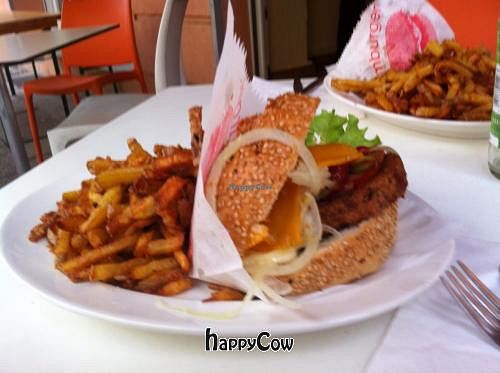 Bacon & cheeseburger with fries, yum! at vego Foodworld in Berlin