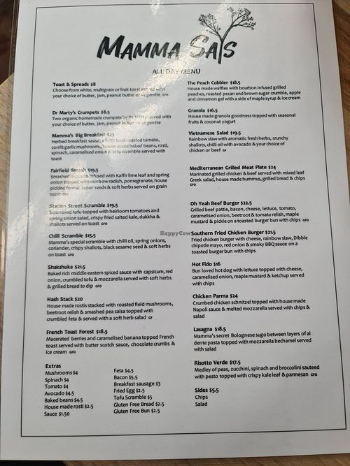 Menu, so plant based at Mamma Says in Fairfield