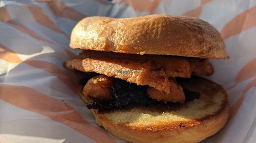 Vegan sausage & onion chutney at Kiosk in Lyme Regis