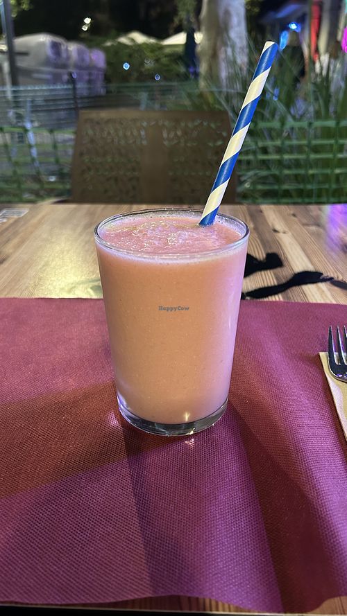 Coconut and strawberry shake  at Tulsi in Barcelona