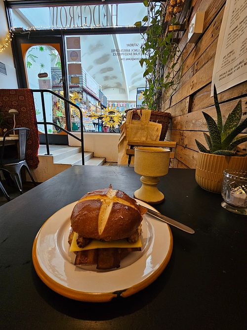 Delicious brekky bun! at The Hedgerow Hound in Plymouth