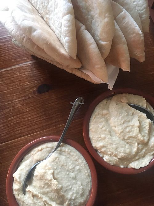 Hummus and pita bread  at Blooming Cactus in Lanzarote
