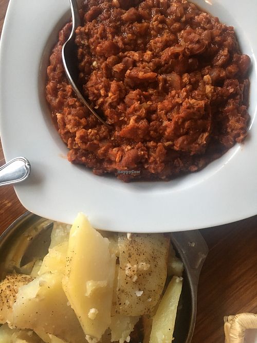 Soy chili and roast potatoes  at Blooming Cactus in Lanzarote