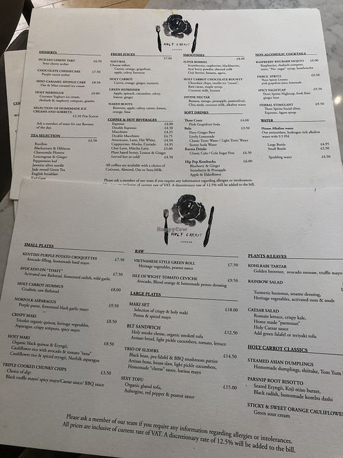 Menu  at Holy Carrot in London