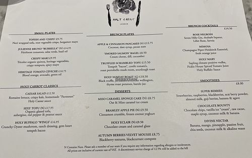 Brunch menu   at Holy Carrot in London