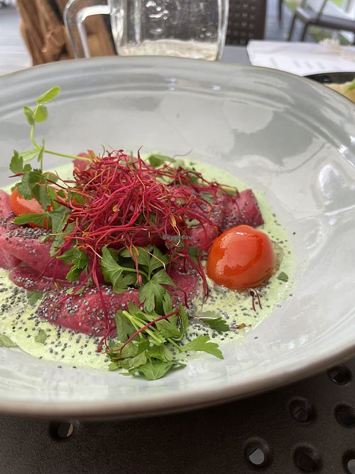 Vegan pink noodles in parsley sauce at Niezapominajka in Hajnowka