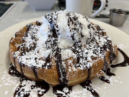 Almond Joy Waffle with coconut whipped cream ❤️ #Veganuary at Donut Villa Diner in Malden