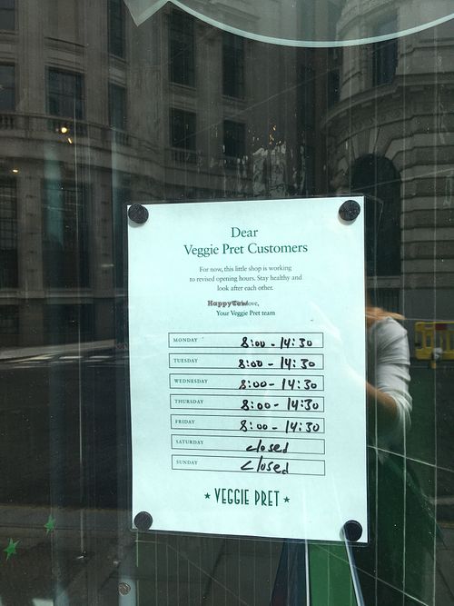 post-covid opening times at Veggie Pret - King William St in London