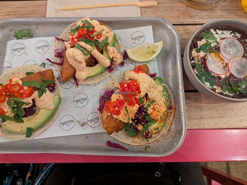 Tofish tacos and side of black beans at Club Mexicana - Soho in London