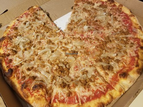 Large vegan cheese, vegan sausage, and onion. at Nick's Pizza & Deli in Fanwood