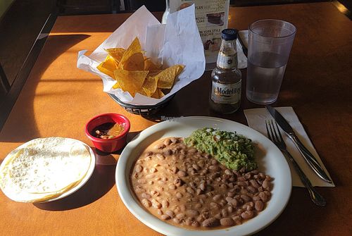 Beans, guacamole and corn tortillas with chips and salsa at La Fonda Lopez in Twisp