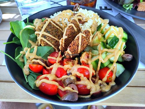 Mediterranean buddha bowl at Fotis All Day Bar in Naoussa