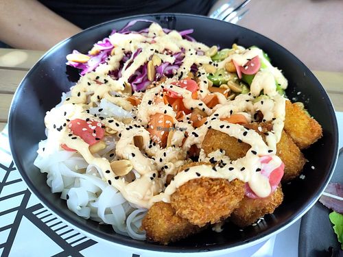 Vegan buddha bowl with fried tofu at Fotis All Day Bar in Naoussa