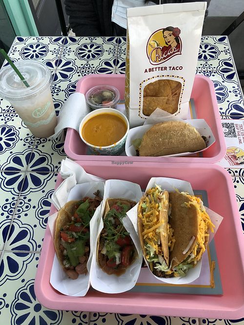 Sold vegan options. 2 tacos with Impossible meat, 1 jackfruit taco, and vegan queso with chips. at Chicas Tacos - Culver City in Culver City