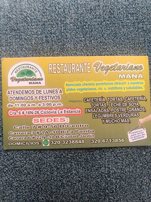 Business card August 2024 showing 4 locations at Restaurante Vegetariano Maná - La Pamba in Popayan