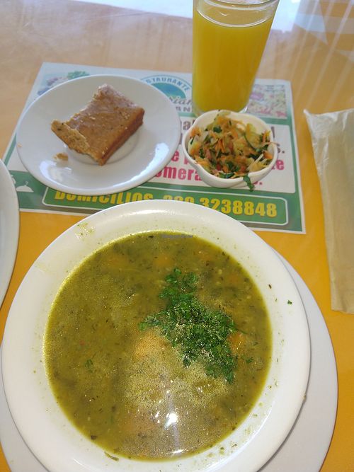 Soup of the day, tiny salad, wine cake at Restaurante Vegetariano Maná - La Pamba in Popayan
