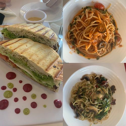 On the left is the omelette pita sandwich on the right the spaghetti and pasta  at NA NA  in Playa Del Carmen