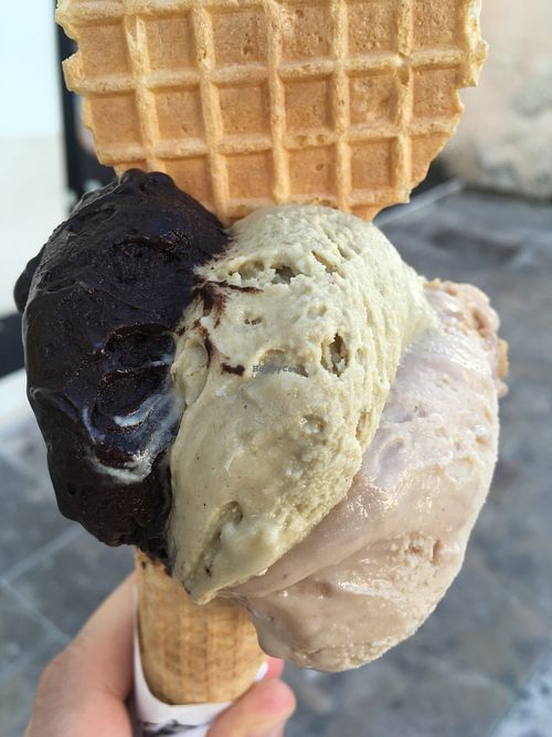 Dark chocolate, pistachio, and hazelnut (vegan) at Gelida Voglia in Matera