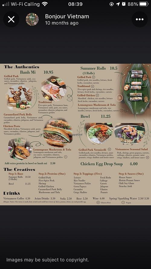 Menu at Bonjour Vietnam in Boca Raton