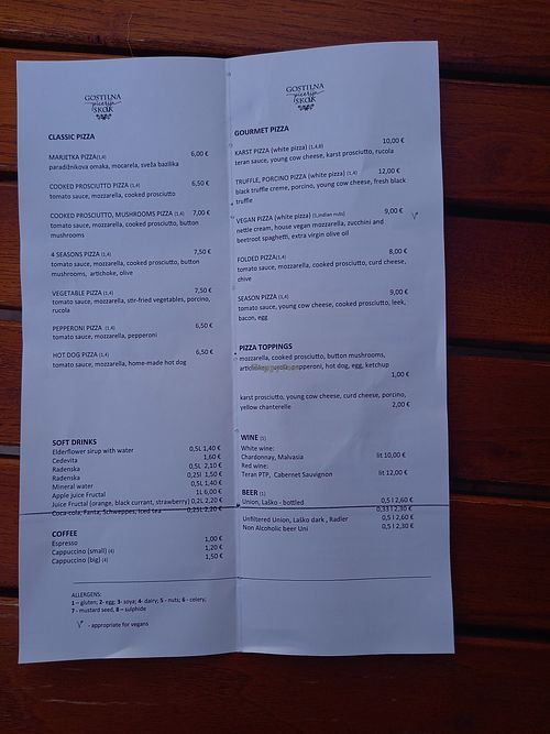 Speisekarte  at Gostilna Skok in Sezana