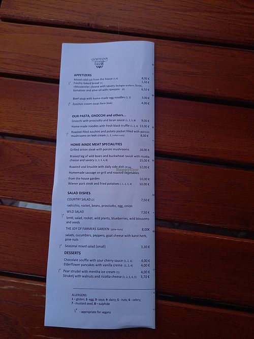Speisekarte  at Gostilna Skok in Sezana