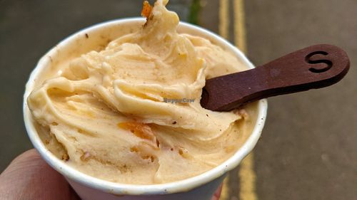 Apricot crumble vegan ice cream at Pilgrims Fudge Kitchen and Gelateria in Lindisfarne