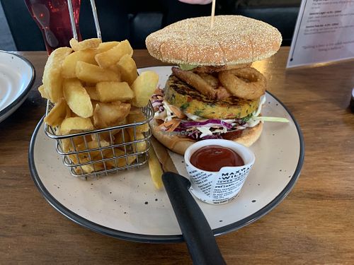 Vegan burger and fries  at The Crafty Moa  in Arthurs Pass
