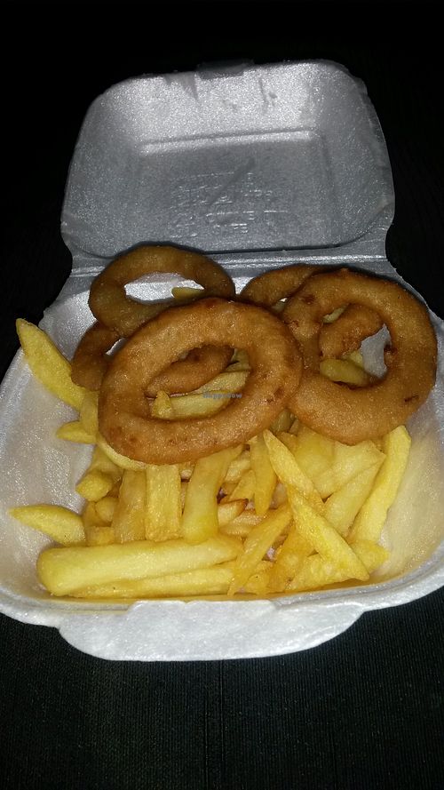 Shared side of chips and onion rings  at Vizza Guys in Gateshead