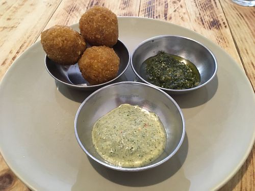 Fried rice cheese balls at Plant Base in Lisbon