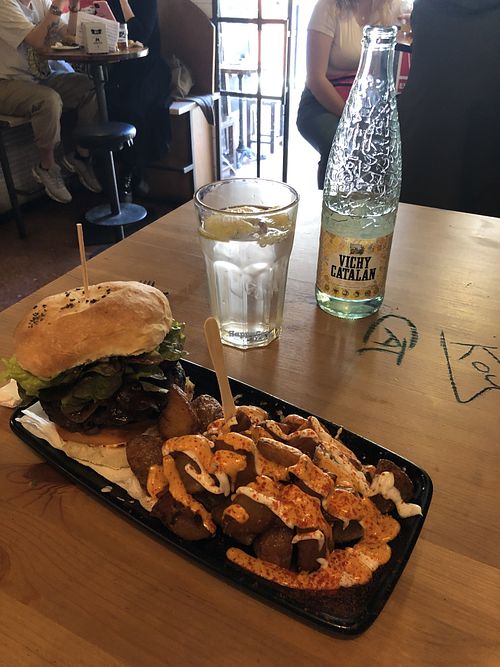 Burger and potatoes   at Cat Bar in Barcelona