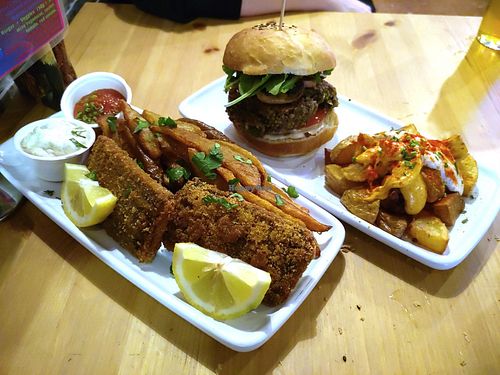 Tofish and chips and burger at Cat Bar in Barcelona