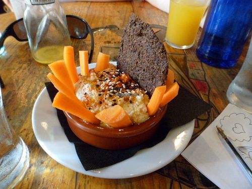 Hummus with carrot sticks at Cat Bar in Barcelona