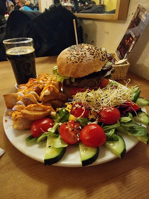 Bean burger with potatoes and salad yummmmy at Cat Bar in Barcelona